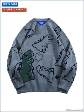 Oversized Unisex Knit Pullover Sweater with Dinosaur Graphic